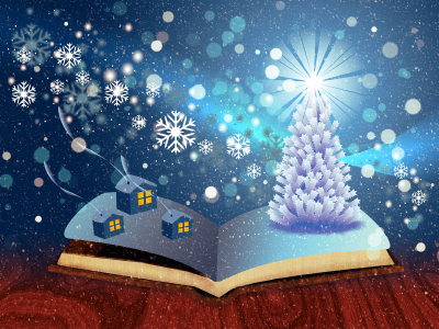 open book with snowy winter scene coming out of it