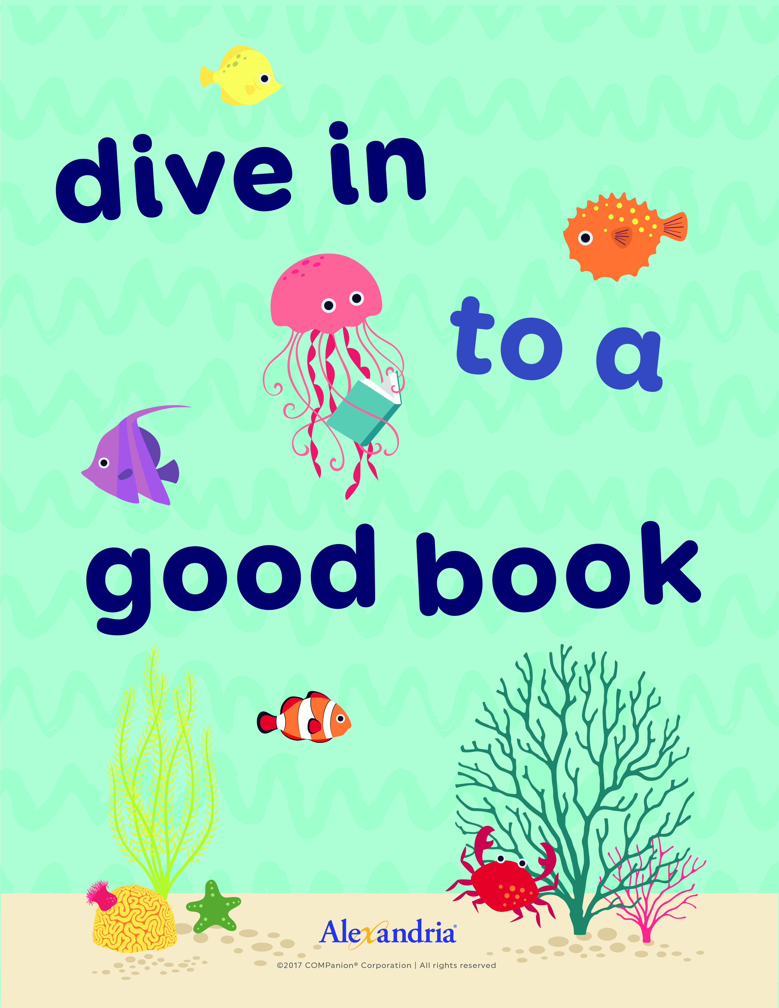 underwater scene with the words "dive into a good book"